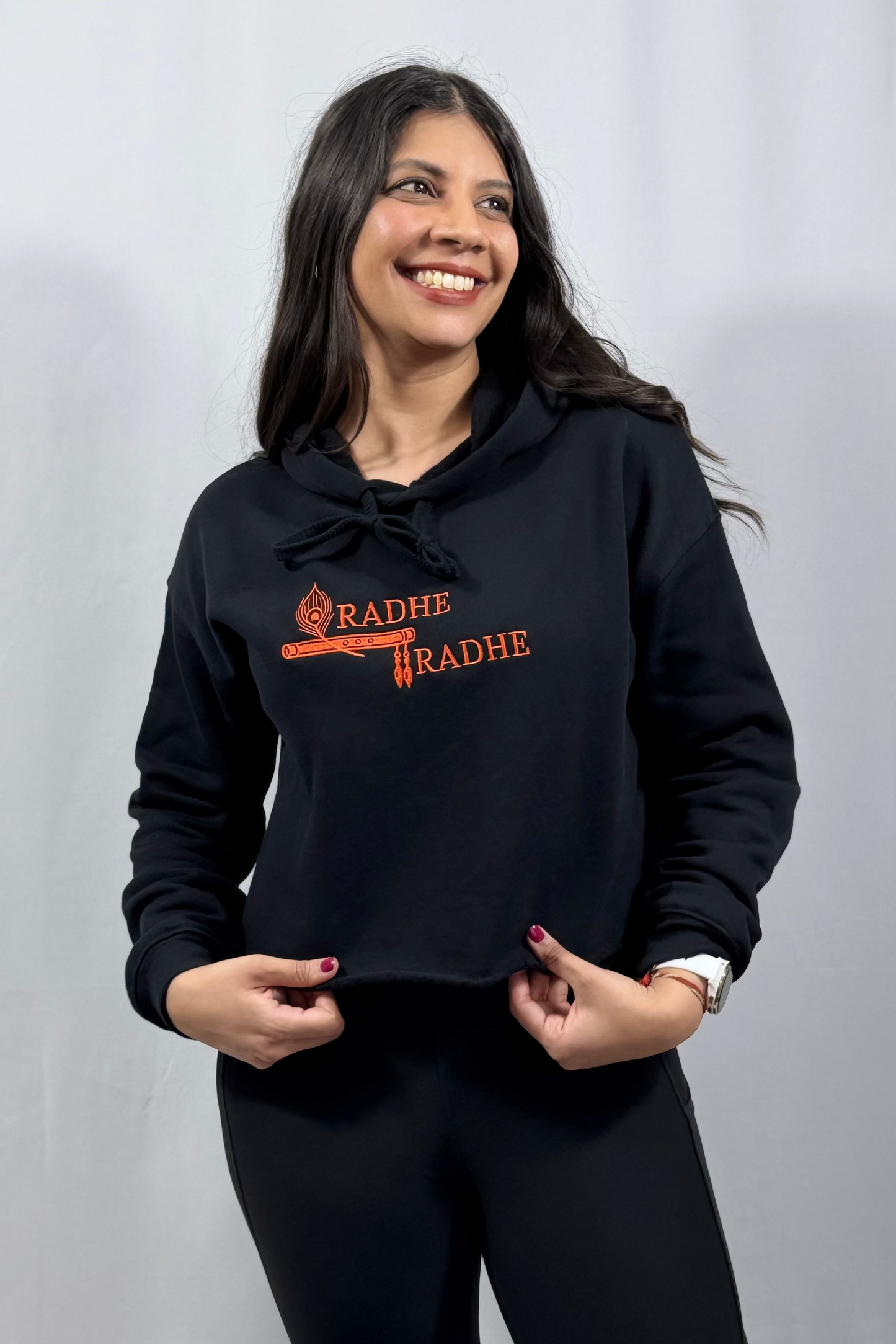 Radhe Radhe Womens Crop Hoodie | Modern Spiritual Apparel